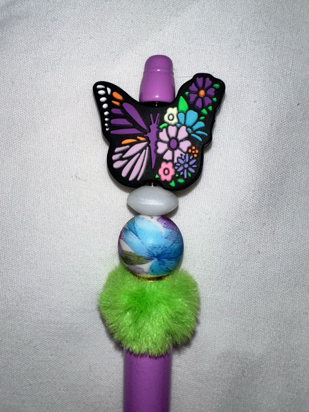 Purple Butterfly Handmade Beaded Pen with Green Pom-Pom
